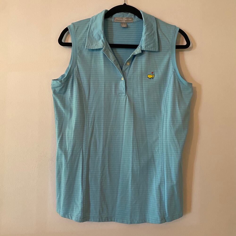 Masters Collection Ladies Blue Stripe Sleeveless Golf Polo Logo Women size Large